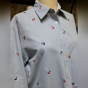 Womens Blue Striped Shirt with Embroidered Accents